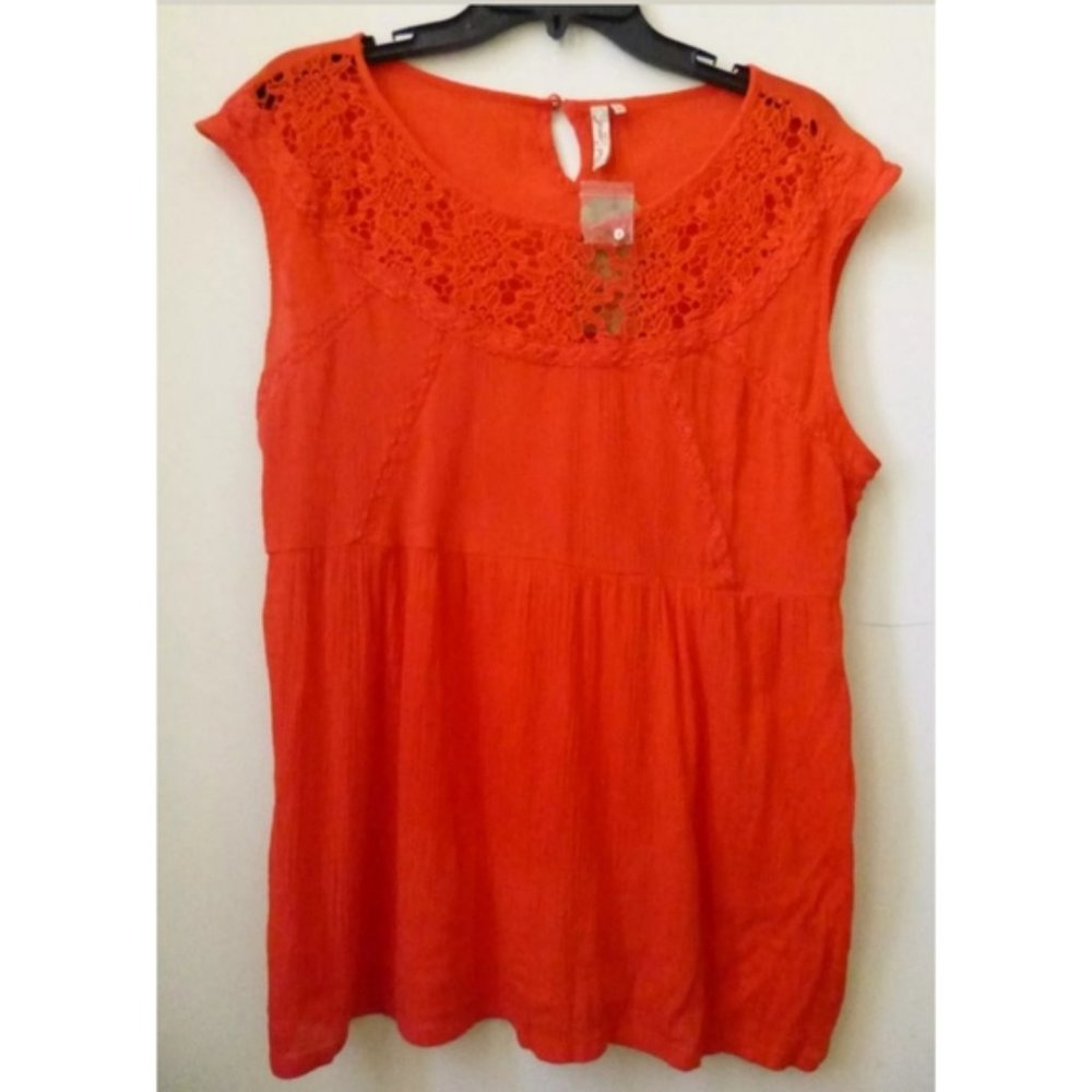 RED CAMEL Women Tank Top Sz L Sleeveless Cotton Crochet Crinckle Casual Tee Red